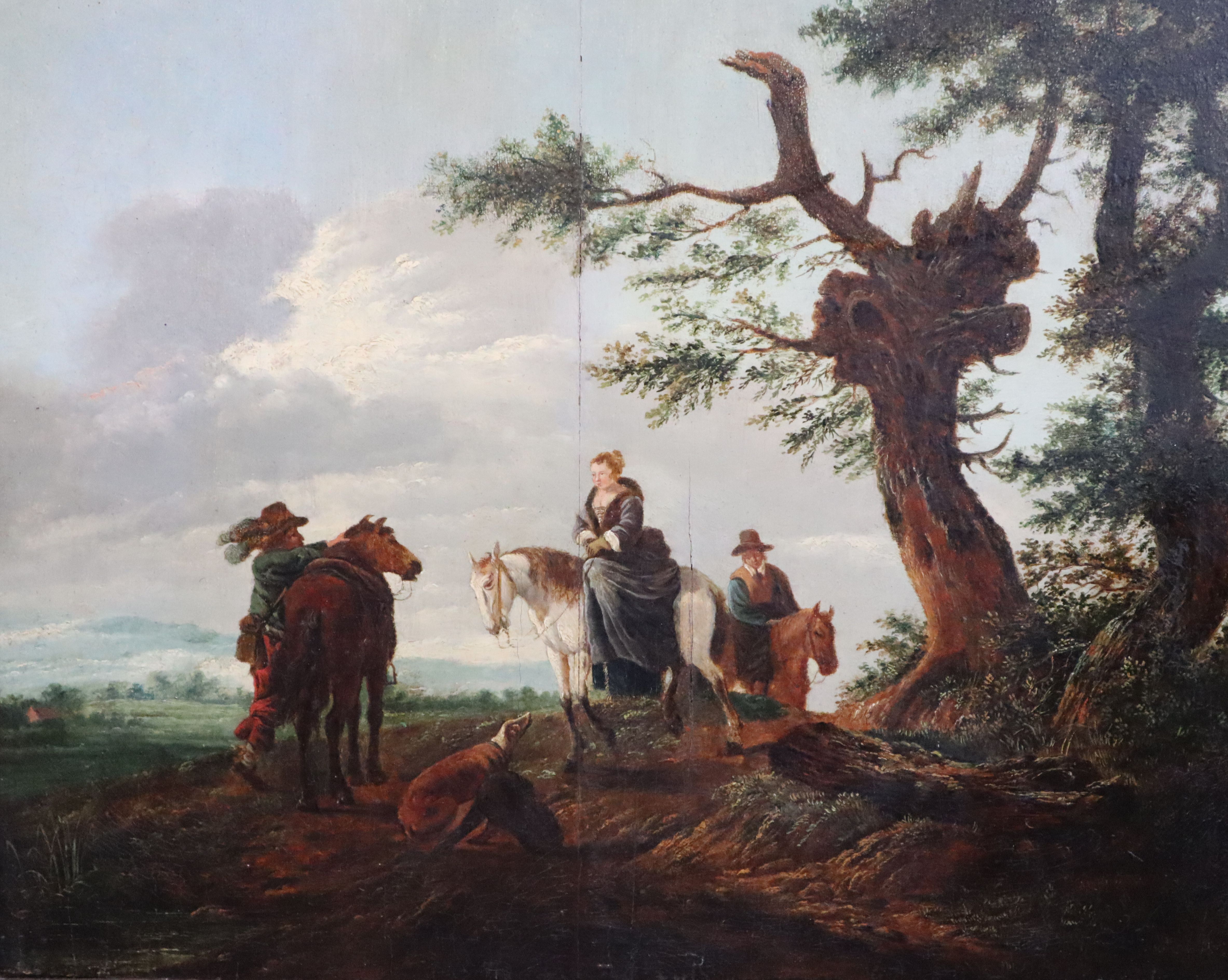 Follower of Philips Wouwerman (Dutch 1619-1668) Group of equestrian figures in a landscape 14 x 16in.
